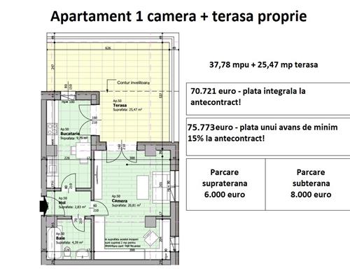 Apartament 1 camera, 38 mp, decomandat,  terasa proprie 25 mp,  de vanzare in Galata Iasi -Sos. Voinesti