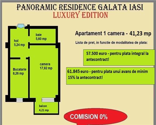 Apartament 1 camera, 41,23 mp, decomandat, de vanzare in Galata Iasi , comision 0%