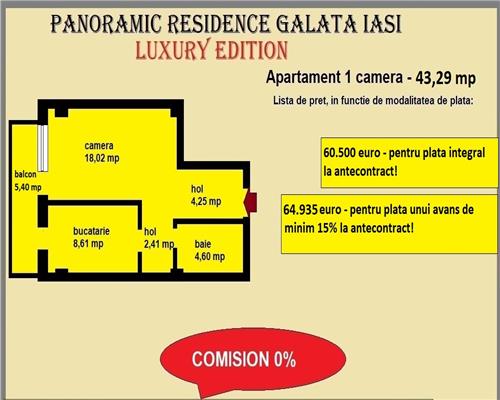 Apartament 1 camera, 43,29 mp, decomandat, de vanzare in Galata Iasi