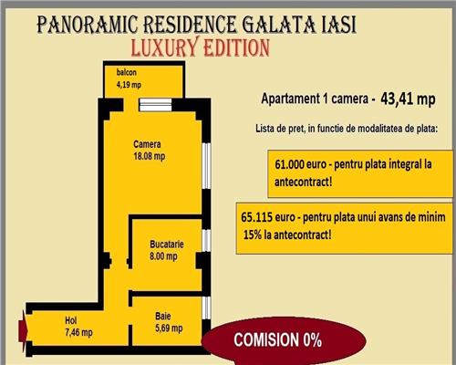 Apartament 1 camera, 43,41 mp, decomandat, baie cu geam, Galata Iasi, traseul 23