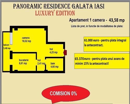 Apartament 1 camera, 43,58 mp, decomandat, de vanzare in Galata Iasi