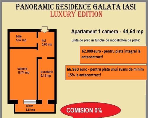 Apartament 1 camera, 44,64 mp, decomandat, baie cu geam, Galata Iasi, traseul 23