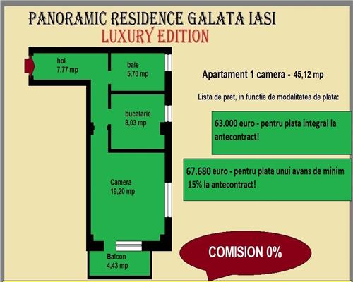 Apartament 1 camera, 45,12 mp, decomandat, baie cu geam, Galata Iasi, traseul CTP23