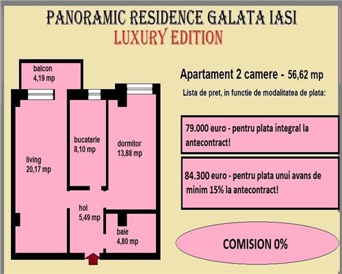 Apartament 2 camere, 56,62 mp, decomandat, de vanzare in Iasi, Galata