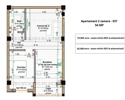 Apartament 2 camere, 56 mpu, orientare Est, Valea Lupului, bloc nou, incalzire in pardoseala