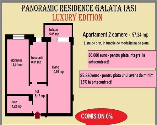 Apartament 2 camere, 57,24 mp, decomandat, de vanzare in Galata Iasi