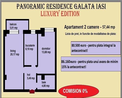 Apartament 2 camere, 57,44 mp, decomandat, de vanzare in Iasi, Galata