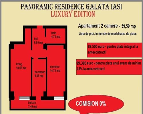 Apartament 2 camere, decomandat, 60 mp, de vanzare in Iasi, Galata Sos. Voinesti