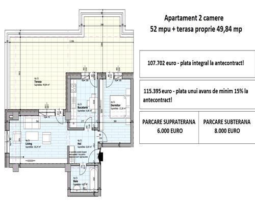 Apartament 2 camere, tip penthouse, 52 mpu, decomandat,  terasa proprie 49 mp,  de vanzare in Galata Iasi -Sos. Voinesti