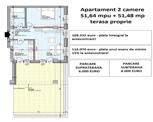 Apartament 2 camere, tip penthouse, terasa proprie 52 mp si 52 mpu, decomandat,  terasa proprie 49 mp,  de vanzare in Galata Iasi -Sos. Voinesti