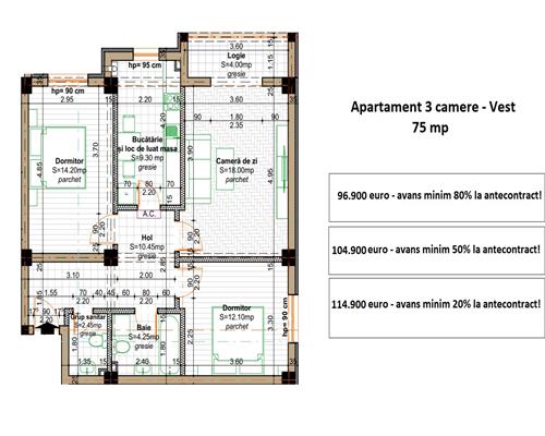 Apartament 3 camere, 75 mp, 2 bai, decomandat, bloc nou, de vanzare in Iasi Valea Lupului