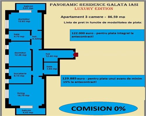 Apartament 3 camere, 86,59 mp, decomandat, 2 bai, de vanzare in Iasi, GALATA