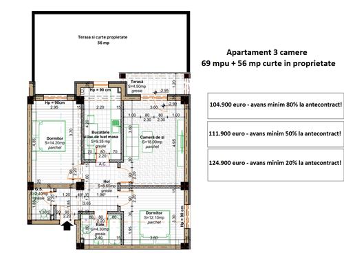 Apartament 3 camere, curte proprie, 69 mp utili, decomandat, 2 bai, Valea Lupului bloc nou