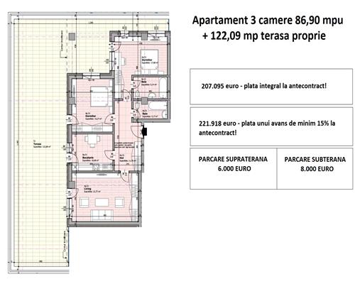 Apartament 3 camere, tip penthouse, terasa proprie 122 mp si 87 mpu, decomandat, 2 bai, de vanzare in Galata Iasi -Sos. Voinesti