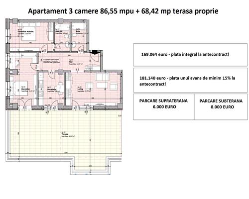 Apartament 3 camere, tip penthouse, terasa proprie 68 mp si 87 mpu, decomandat, 2 bai, de vanzare in Galata Iasi -Sos. Voinesti