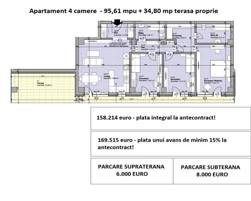 Apartament 4 camere, tip penthouse, terasa proprie 35 mp si 96 mpu, 2 bai, de vanzare in Galata Iasi -Sos. Voinesti