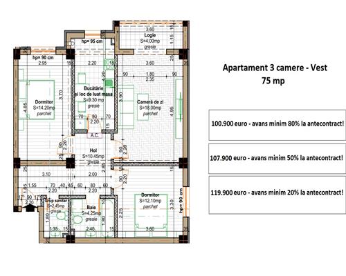 Apartament decomandat, 3 camere, 75 mp, 2 bai, bloc nou, de vanzare in Iasi Popas Pacurari