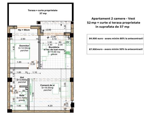 Apartament nou cu curte proprie 37 mp, 2 camere, 52 mpu, Valea Lupului bloc nou