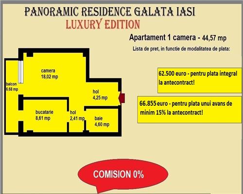 Apartament 1 camera, 44,57 mp, decomandat, de vanzare in Galata Iasi