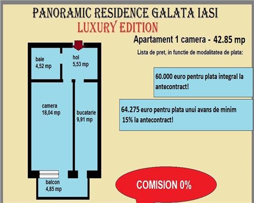 Apartament 1 camera, 43 mp, decomandat, de vanzare in Galata Iasi -Sos. Voinesti